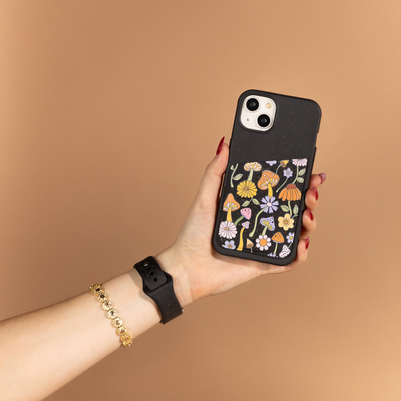 Shrooms and Blooms Black Phone Case Card Holder 